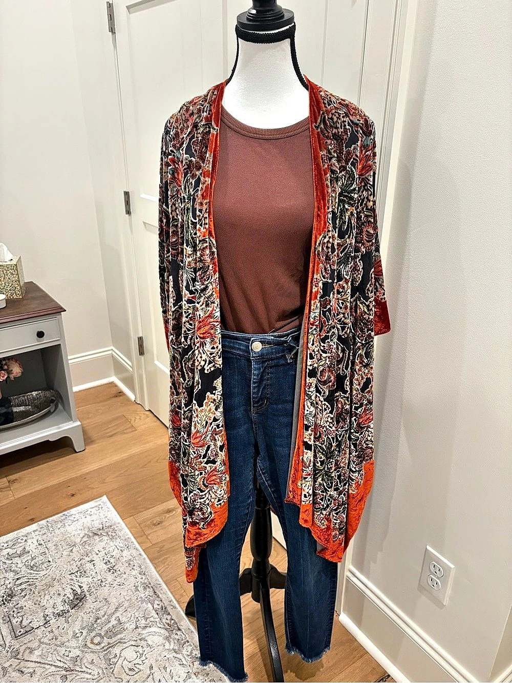 Vibrant colors, Velvet Burnout Patchwork Kimono Shrug Orange & Black